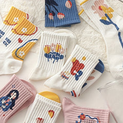 8 Pairs Cartoon Print Mid Tube Socks Women's Stockings