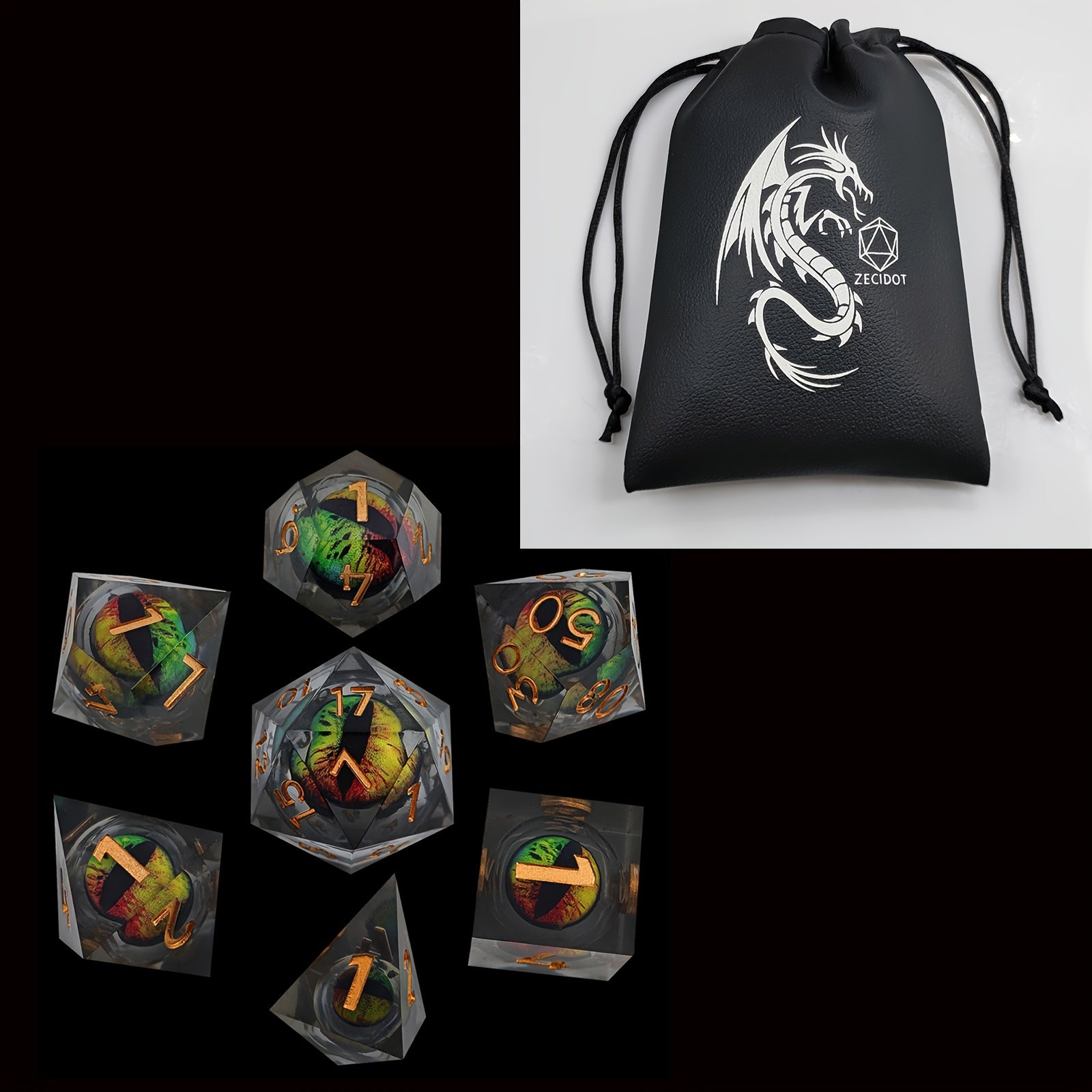 Dragon's Eye Resin Dice Set With Dragon Leather Pouch