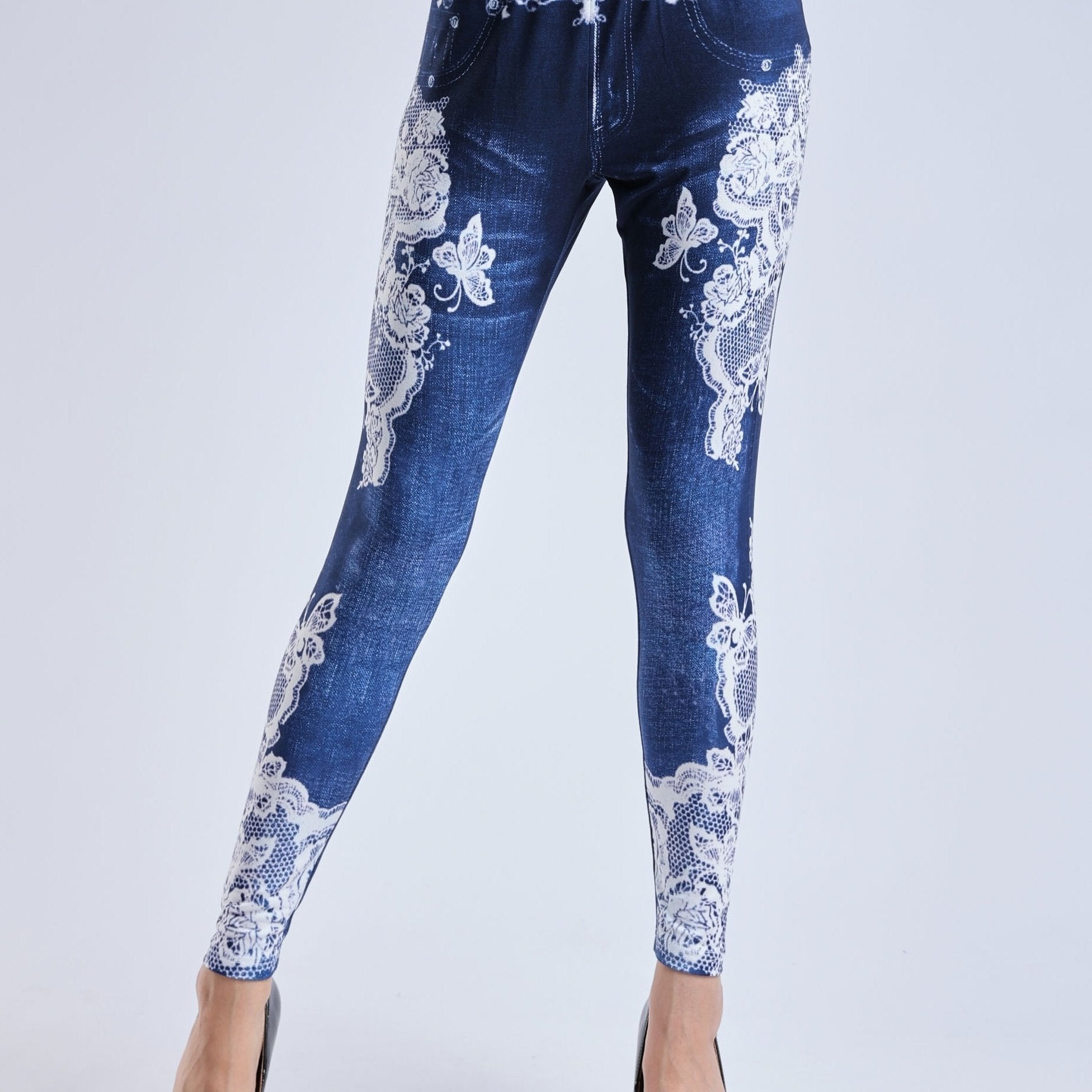 Denim Print Skinny Leggings Elastic Waist Stretchy Women's Clothing