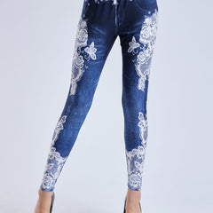Denim Print Skinny Leggings Elastic Waist Stretchy Women's Clothing