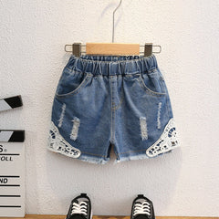 Toddler Girls Floral Trim Denim Shorts