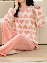 Heart Print Fuzzy Pajama Set Long Sleeve Crew Neck Top & Elastic Waistband Pants