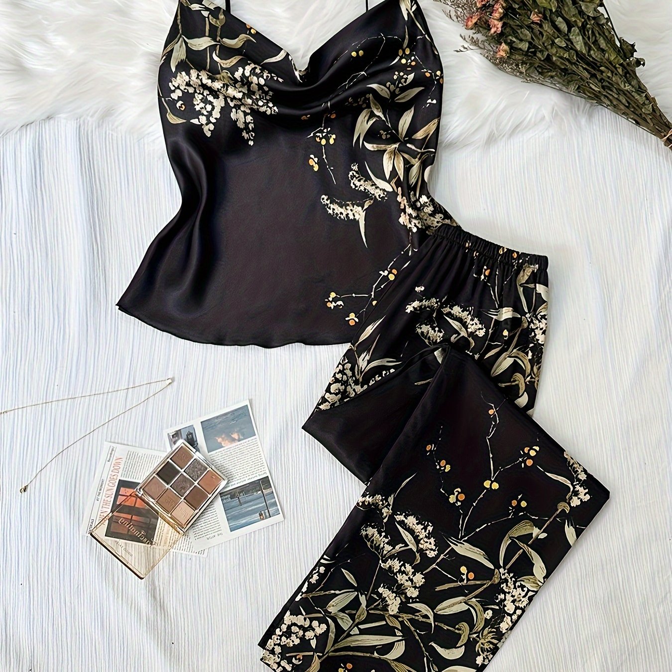 Floral Print Pajama Set Draped Collar Cami Top & Elastic Waistband Pants
