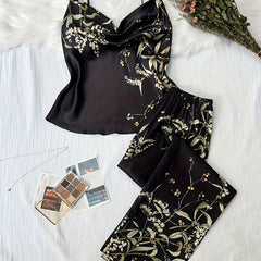 Floral Print Pajama Set Draped Collar Cami Top & Elastic Waistband Pants
