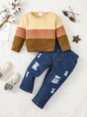 2pc Toddler Boys Colorblock Pullover Top & Ripped Jeans Set