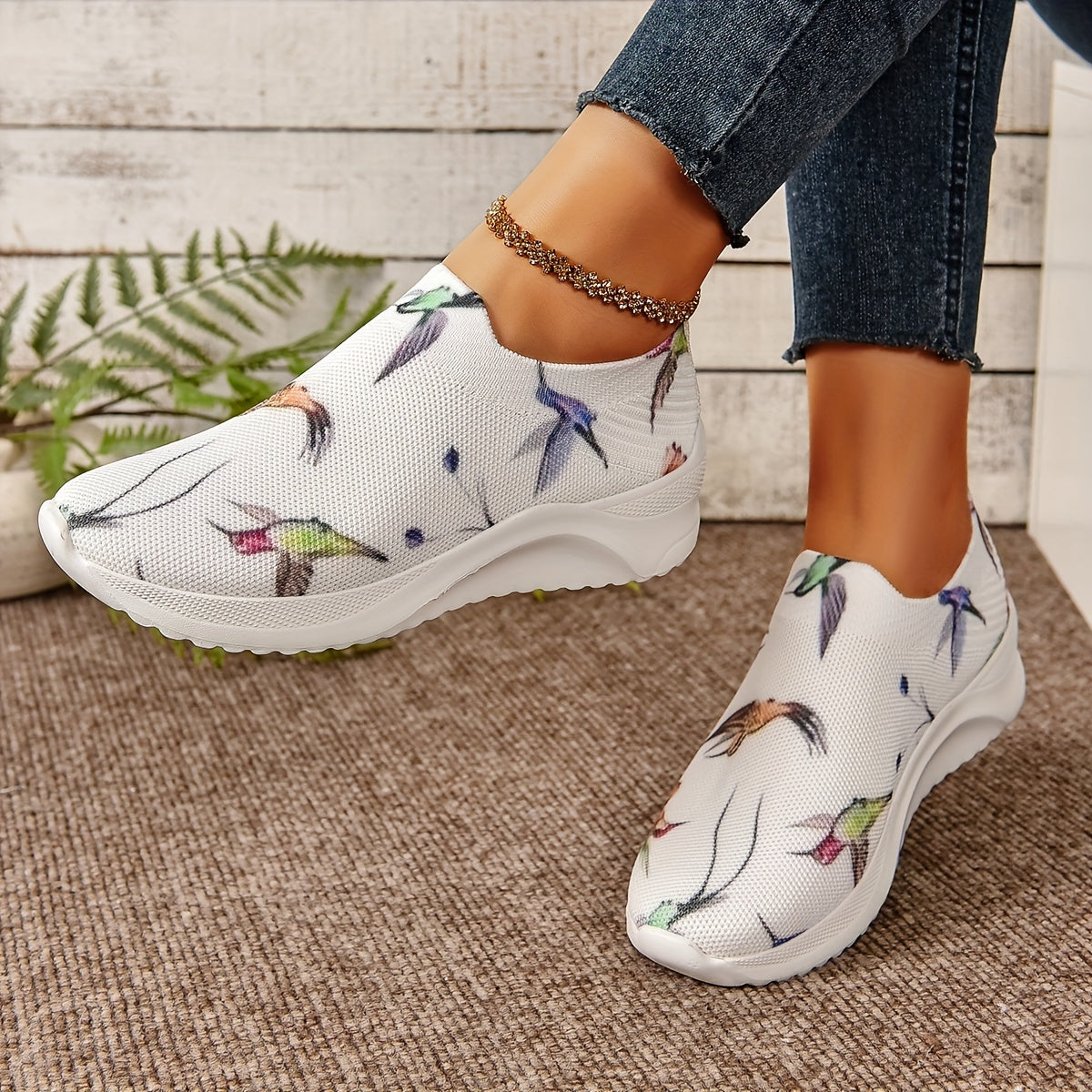 Women's Bird Pattern Slip on Sneakers Mesh Knit Walking Shoes