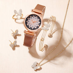 Kids Quartz Watch & Rhinestone Butterfly Jewelry Set