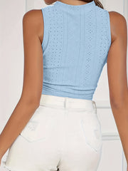 Eyelet Embroidery Ruched Tank Top Mock Neck Sexy Summer Women's Top