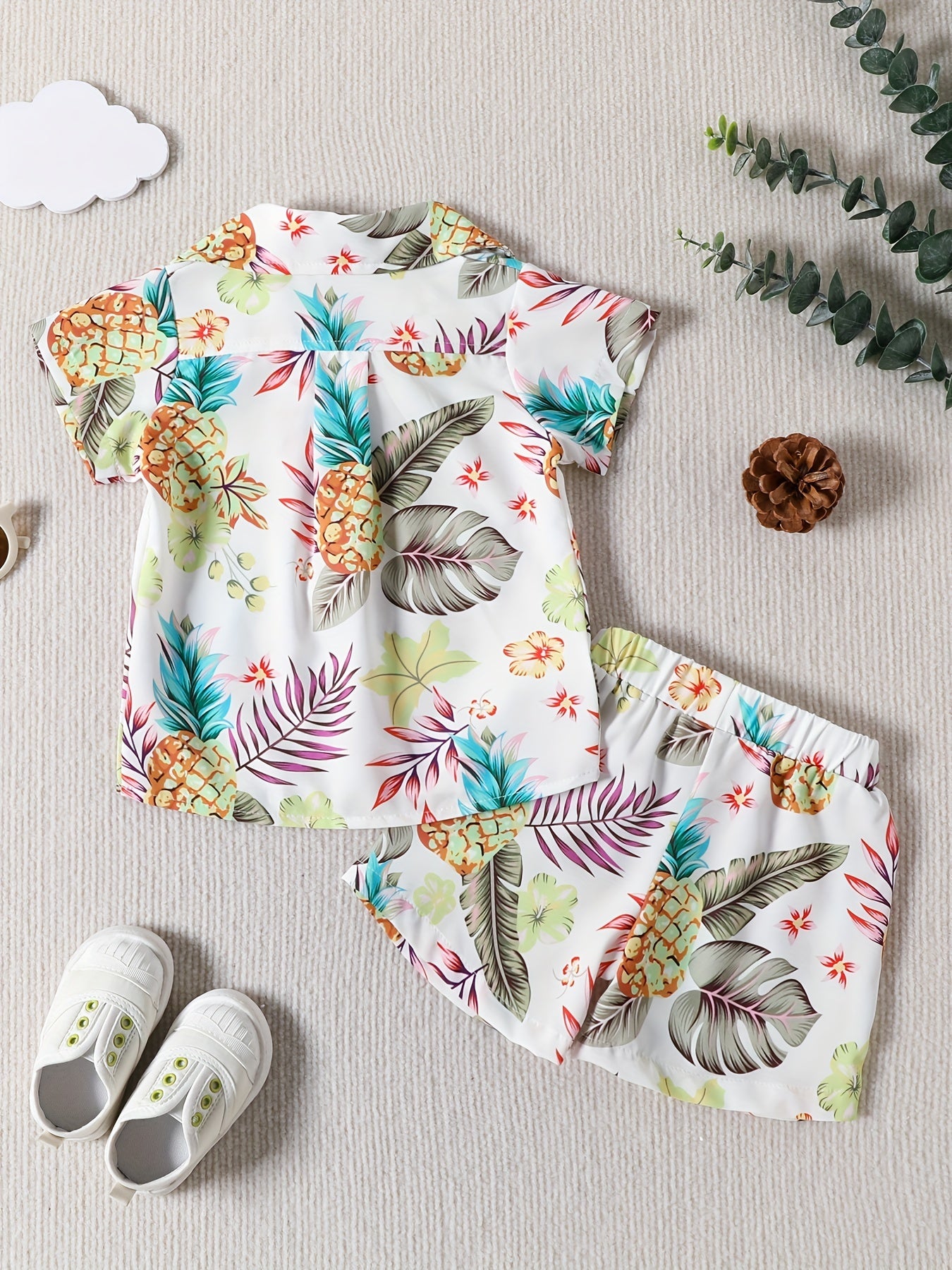 2pcs Boy Casual Cotton Tropical Graphic Short Sleeve Shirts & Shorts Set