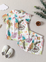 2pcs Boy Casual Cotton Tropical Graphic Short Sleeve Shirts & Shorts Set
