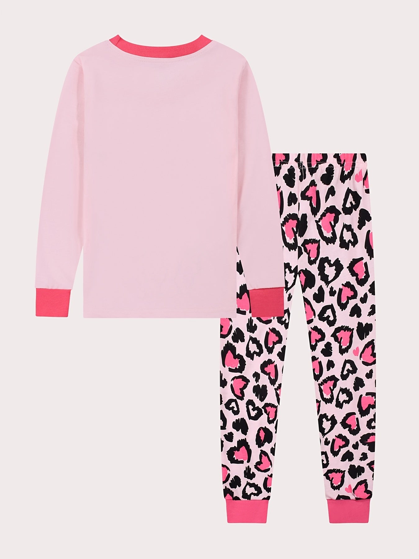 Cat Print Kids' Pajamas Set Long Sleeve Top & Leopard Pants Comfy Loungewear