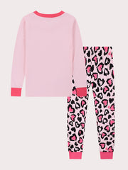 Cat Print Kids' Pajamas Set Long Sleeve Top & Leopard Pants Comfy Loungewear