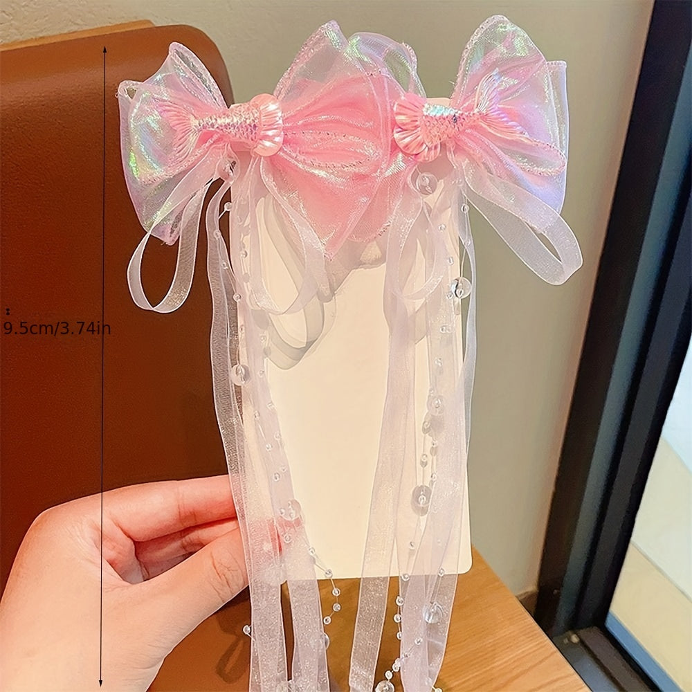 Mermaid Tail Decor Bow Tassel Hair Clips for Baby Girls