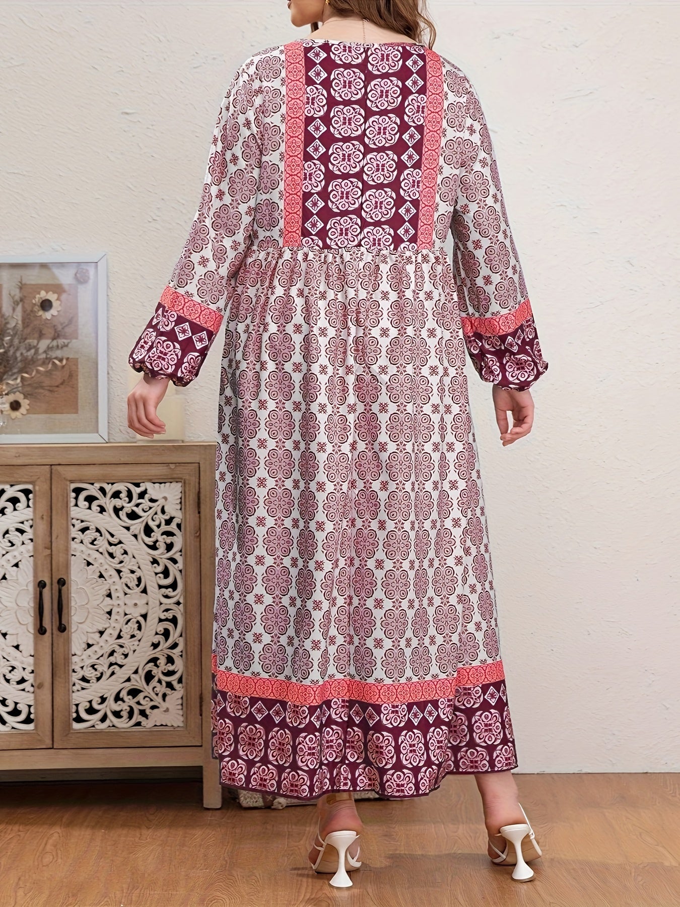 Boho Abaya Dress Women's Plus Allover Print Tassel Tie Neck