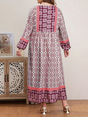 Boho Abaya Dress Women's Plus Allover Print Tassel Tie Neck