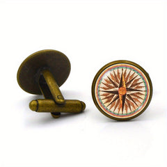 Vintage Compass Cufflinks Tie Clip Set
