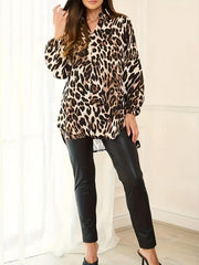 Leopard Print Lantern Sleeve Collar Tunic Top