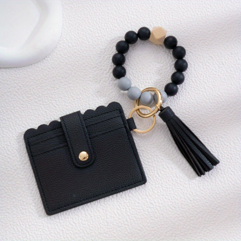 Men's Silicone Bead Bracelet Card Holder with Tassel Keychain