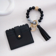 Men's Silicone Bead Bracelet Card Holder with Tassel Keychain