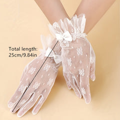 Short Lace Gloves Bowknot Ruffles for Bridal Wedding Dress