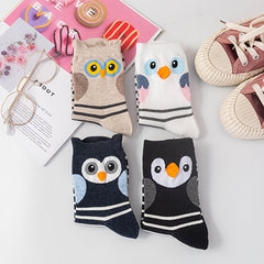 4 Pairs Striped Owl Geometric 3D Textured Women's Socks