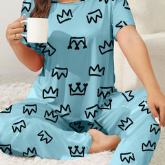 Crown Print Lounge Set Short Sleeve Tee & Pants Two Piece Set