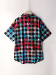 Plaid & Tie Dye Button-Up Short Sleeve Blouse