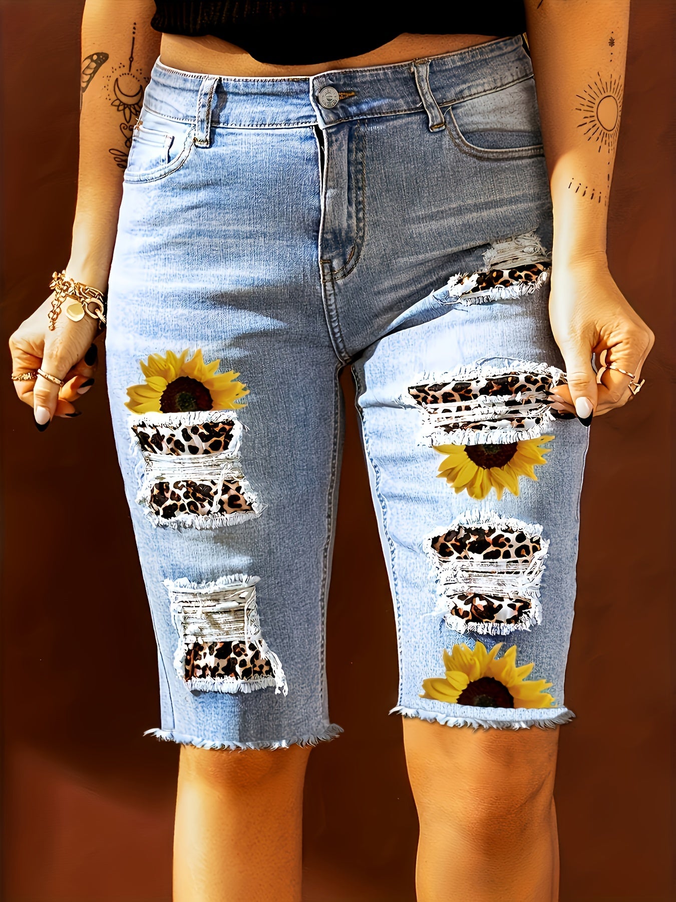 Sunflower & Leopard Print Denim Shorts