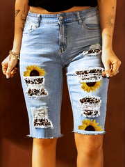 Sunflower & Leopard Print Denim Shorts
