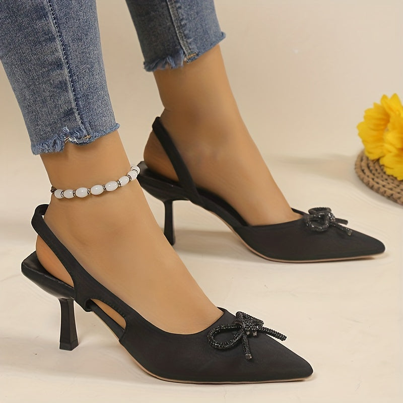 Women's Rhinestone Bow Sandals Slingback Stiletto Heel Shoes