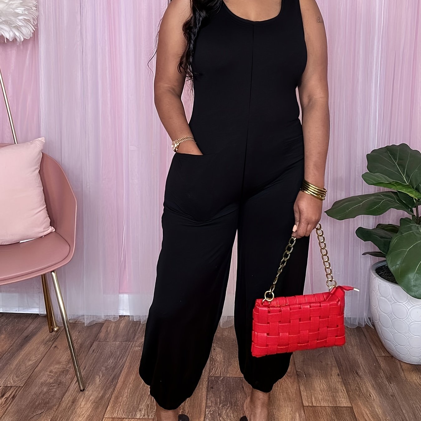 Solid Crew Neck Elastic Bottom Jumpsuit Casual Sleeveless Jumpsuit