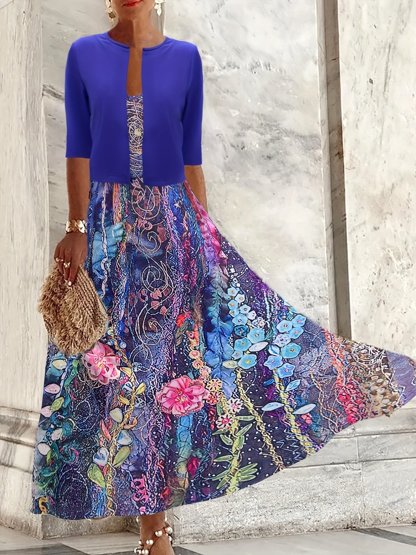 Two Piece Dress Set Solid Half Sleeve Crop Cardigan & Floral Print Cami Dress