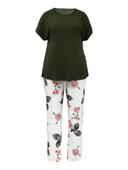Casual Outfit Set Solid Top & Floral Print Pants