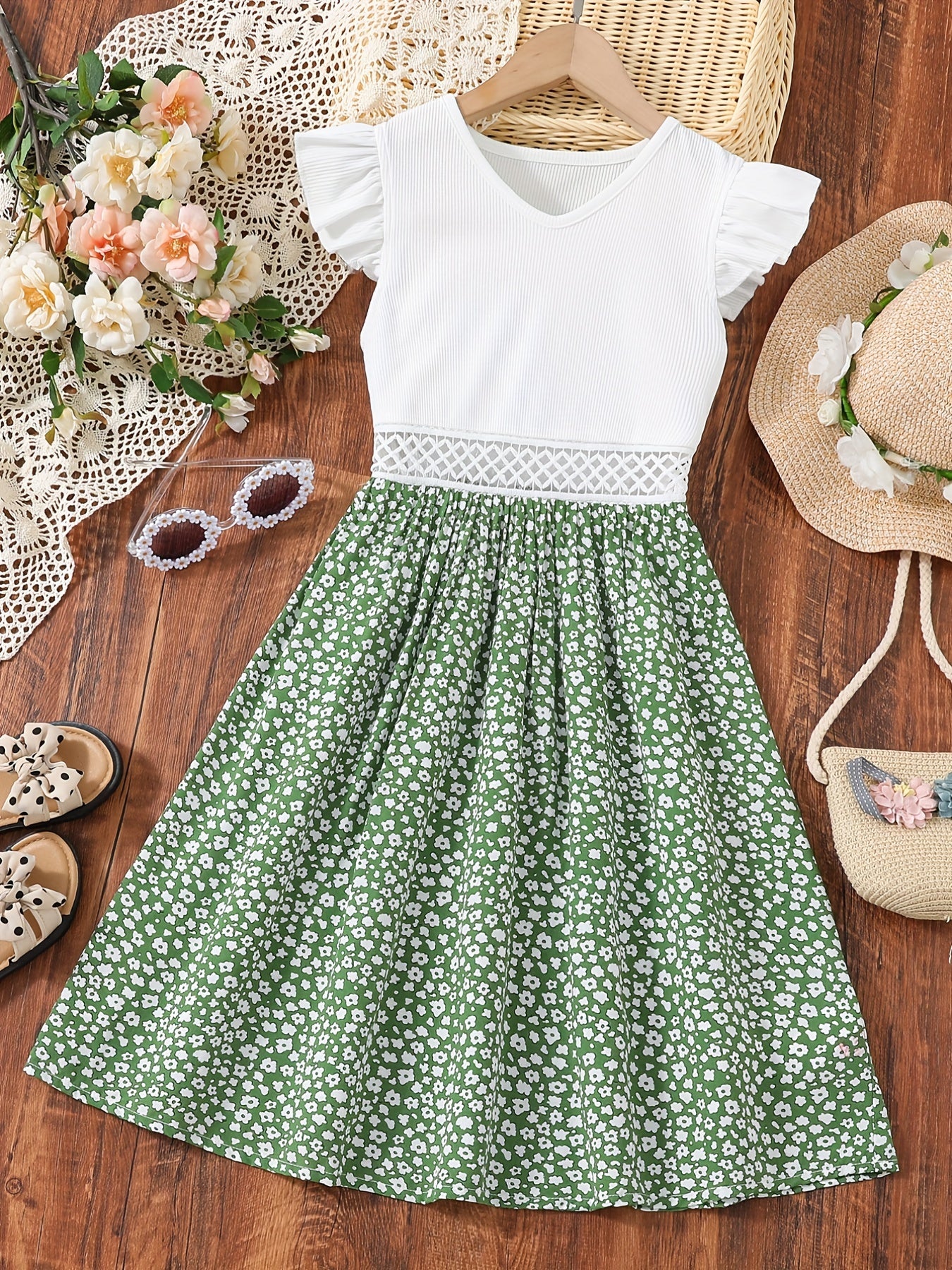 Toddler Girls Flutter Sleeve Dress Waist Hollow Flowers Graphic Princess Dress