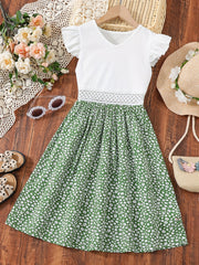 Toddler Girls Flutter Sleeve Dress Waist Hollow Flowers Graphic Princess Dress