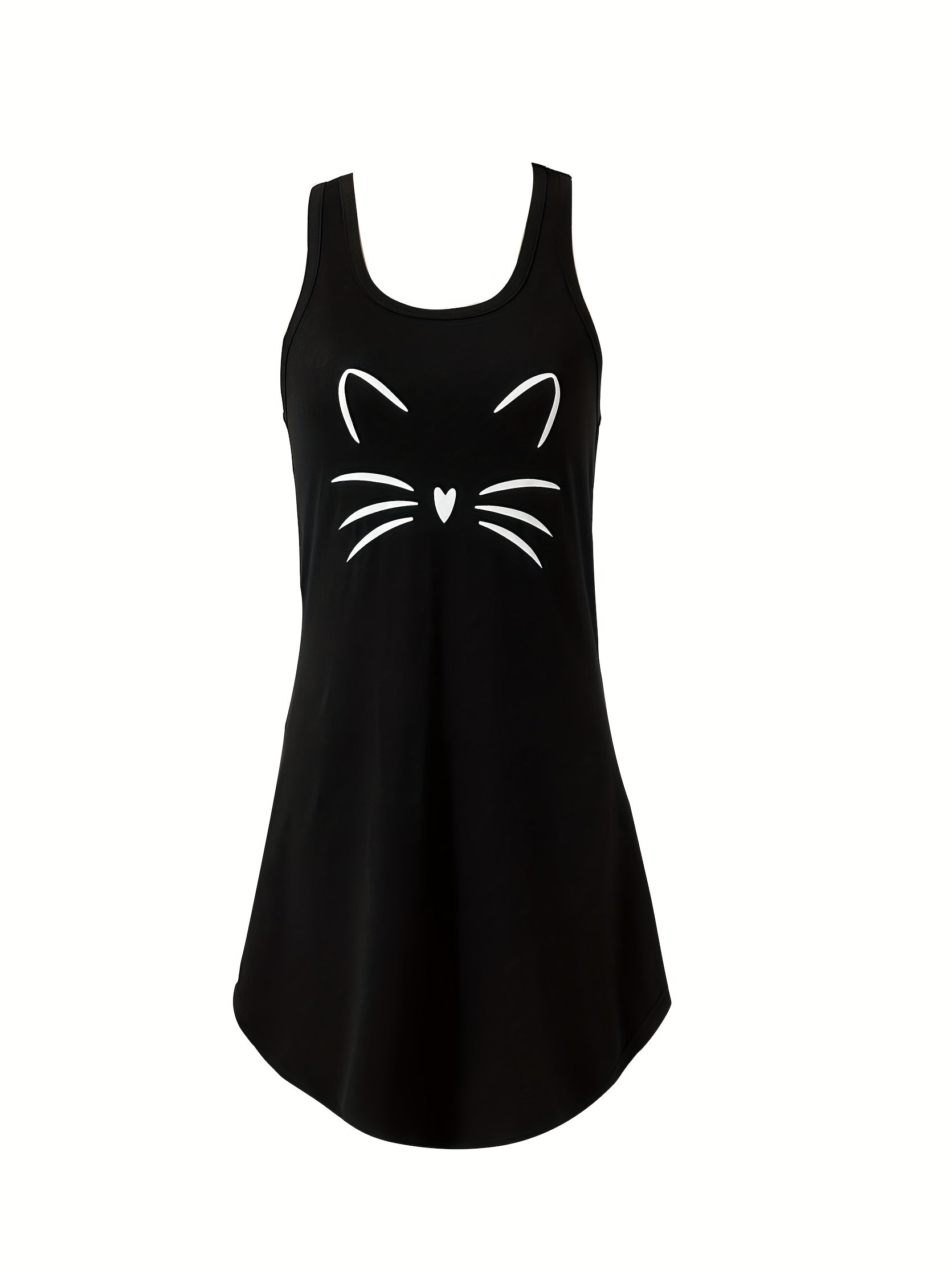 Cat Print Lounge Dress Crew Neck Sleeveless Home Dress Women's Loungewear