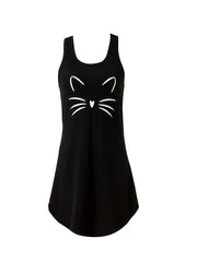 Cat Print Lounge Dress Crew Neck Sleeveless Home Dress Women's Loungewear