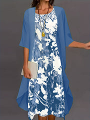 Plus Solid 3/4 Sleeve Cardigan & Floral Print Dress Outfit Set