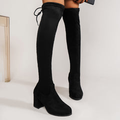 Women's Chunky Heel Long Boots Slip On British Style Boots