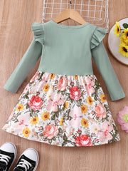 Toddler Kids Floral Print Bowknot Dress Long Sleeves Fall Dress For Girls