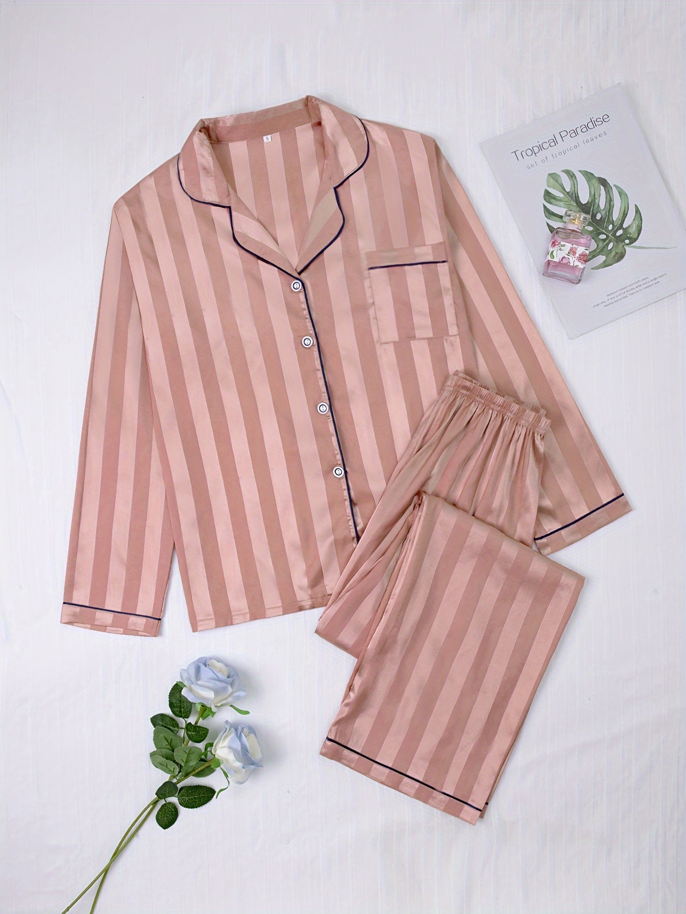 Striped Satin Pajama Set Long Sleeve Buttons Top & Elastic Waistband Pants