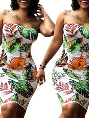 Tropical Print Strapless Midi Slim Fit Tube Dress