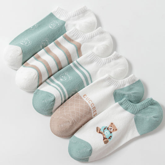 5 Pairs Cartoon Bear Print Ankle Socks Women's Stockings