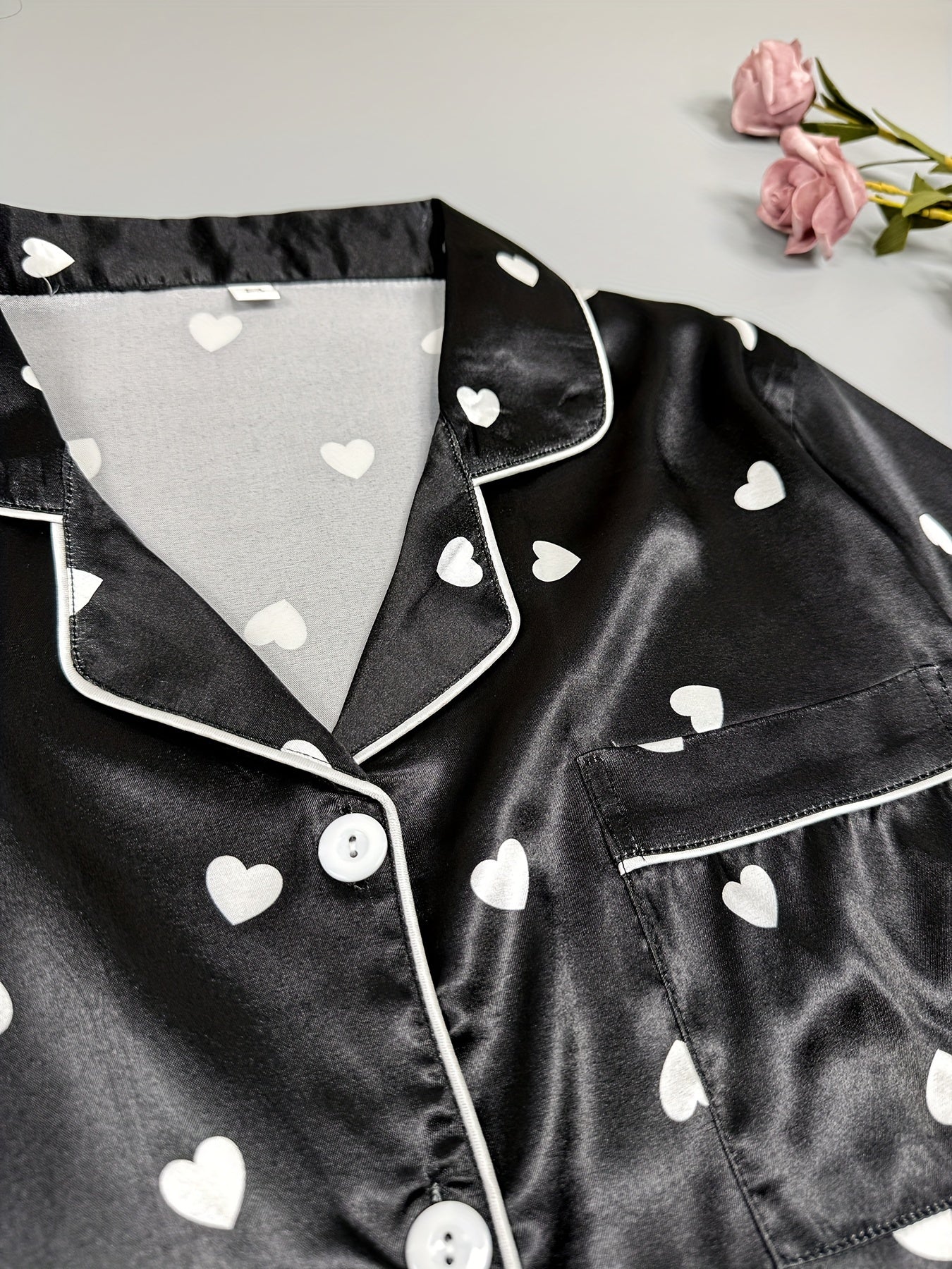 Heart Print Satin Pajama Set Long Sleeve Button Up Top & Elastic Waistband Pants