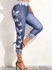 Butterfly Print Cropped Jeggings Skinny High Waist Leggings
