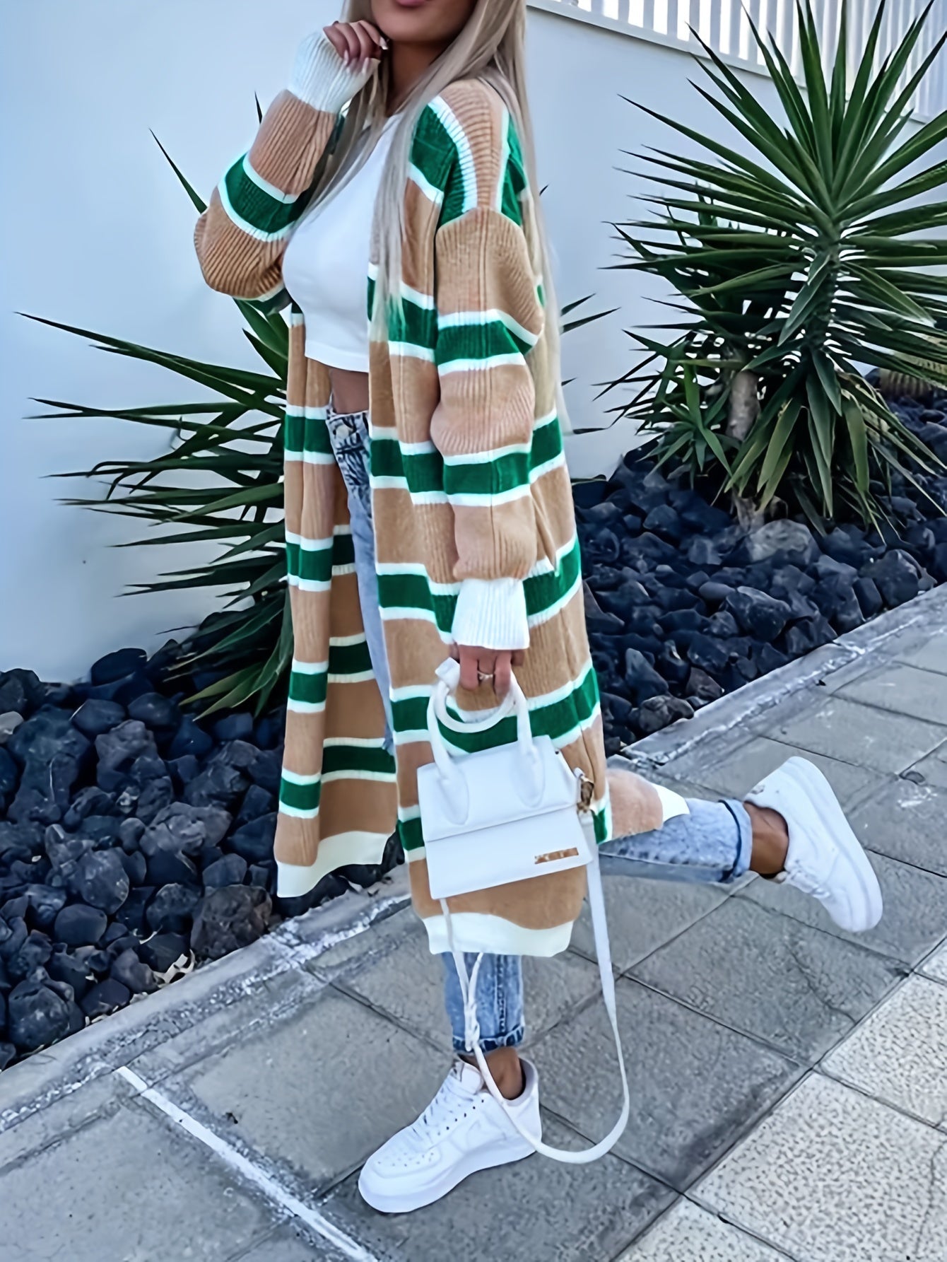 Striped Open Front Sweater Cardigan With Pockets