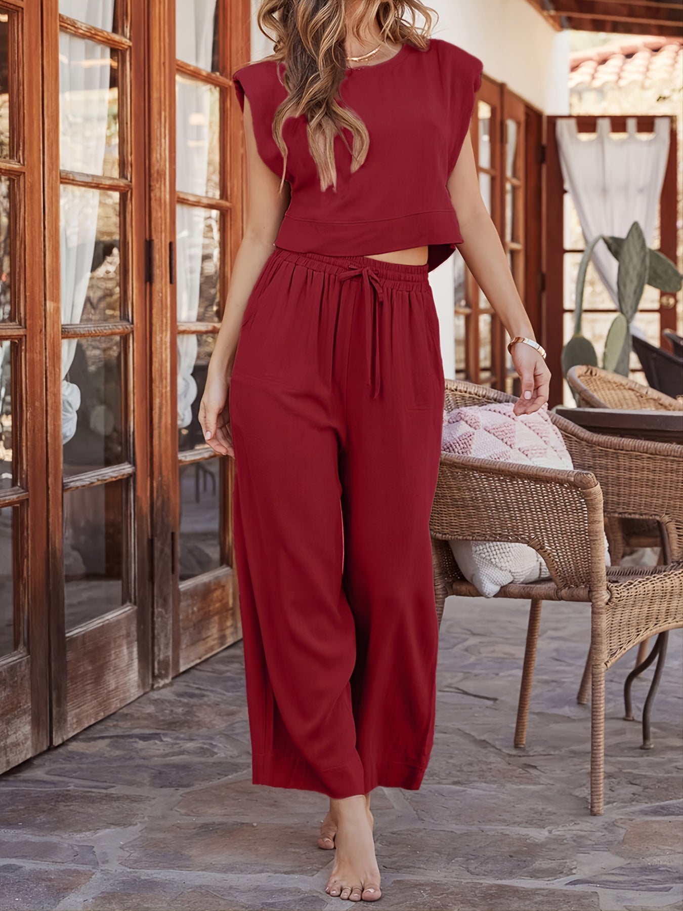 Solid Casual Two-Piece Set Crew Neck Vest & High Waist Pants Set