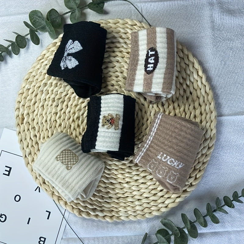 5 Pairs Bear & Letter Print Socks Women's Mid Tube Stockings