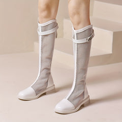 Women's Mesh Long Boots Round Toe Zipper Buckle Chunky Heel Boots