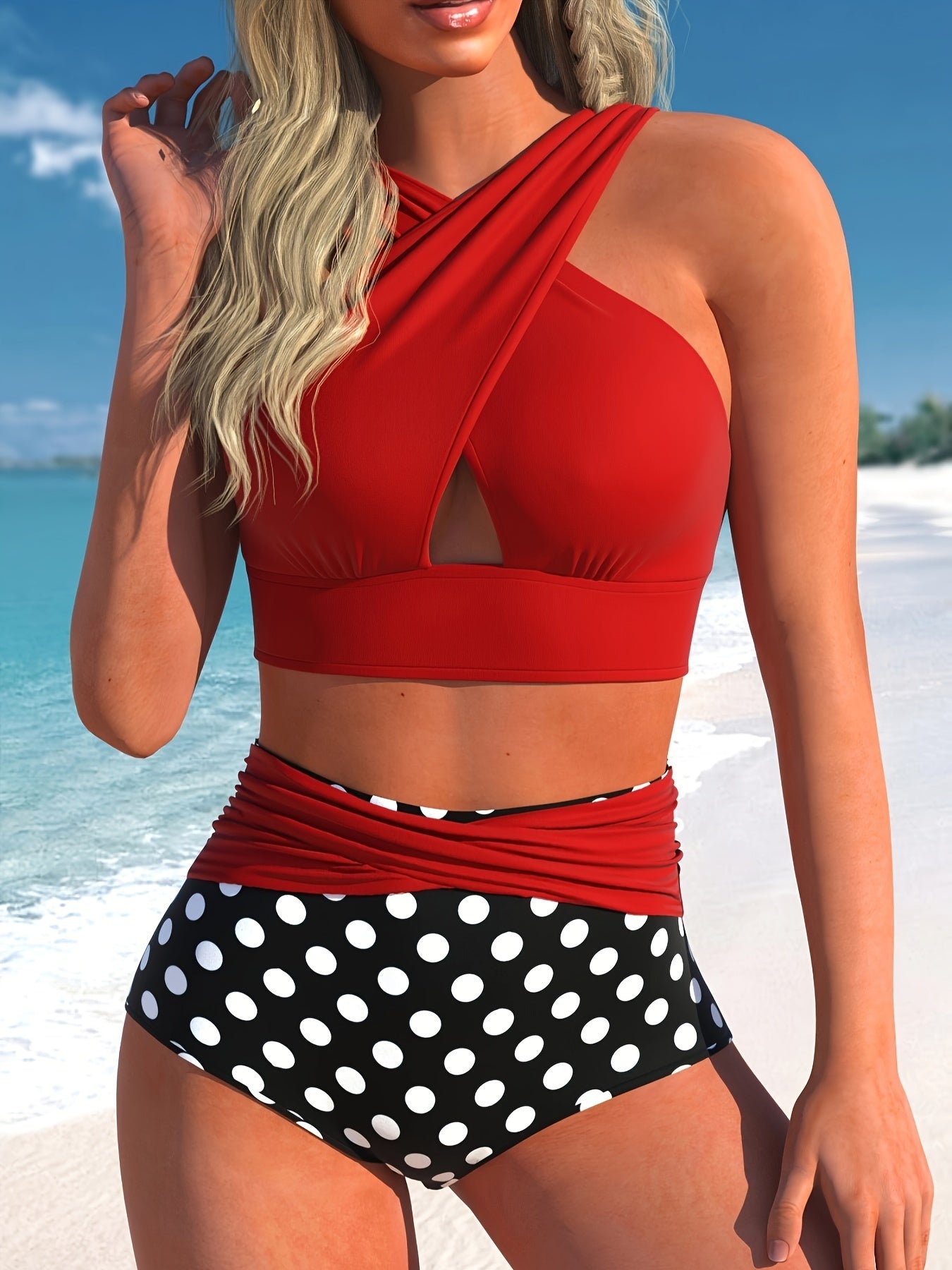 Sexy Bikini Set Cross Halter Top & Polka Dot Print
